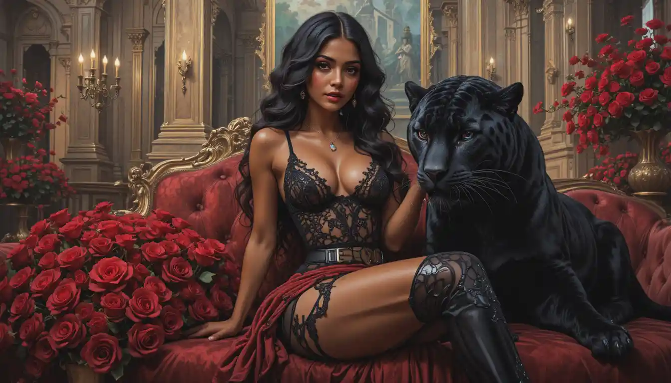 Dark skinned woman in lace lingerie with black panther