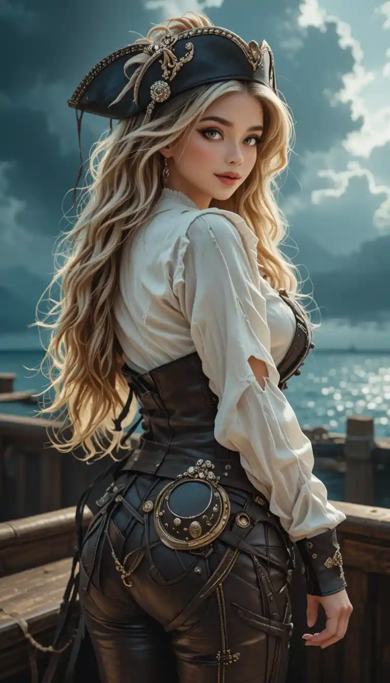 Curvy pirate captain woman posing on sunny ship deck
