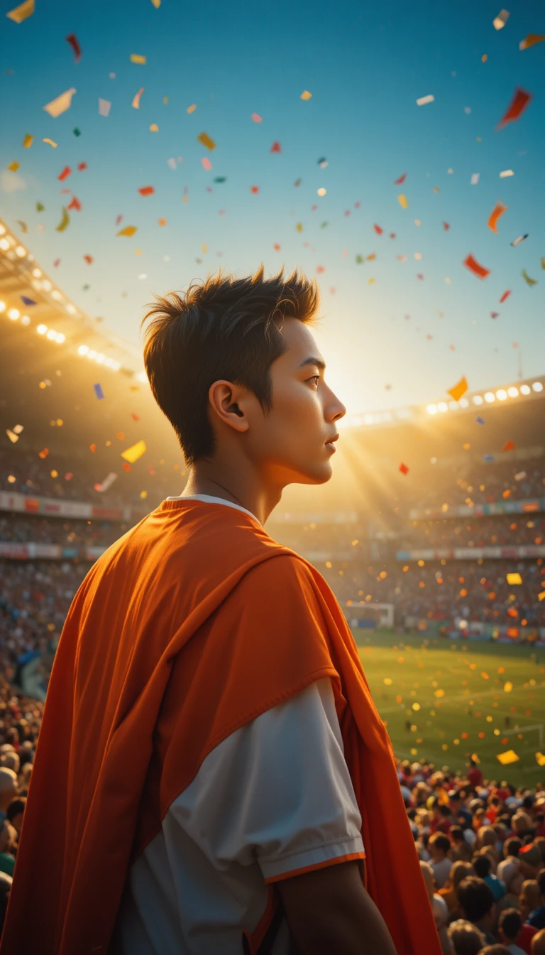 Woman with flag in profile at world cup stadium