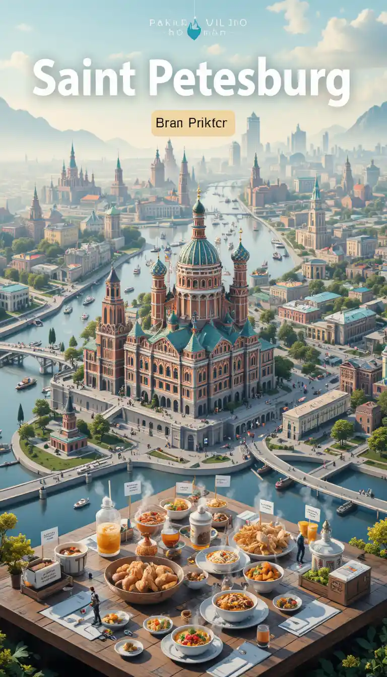 Isometric Saint Petersburg travel map with landmarks and food