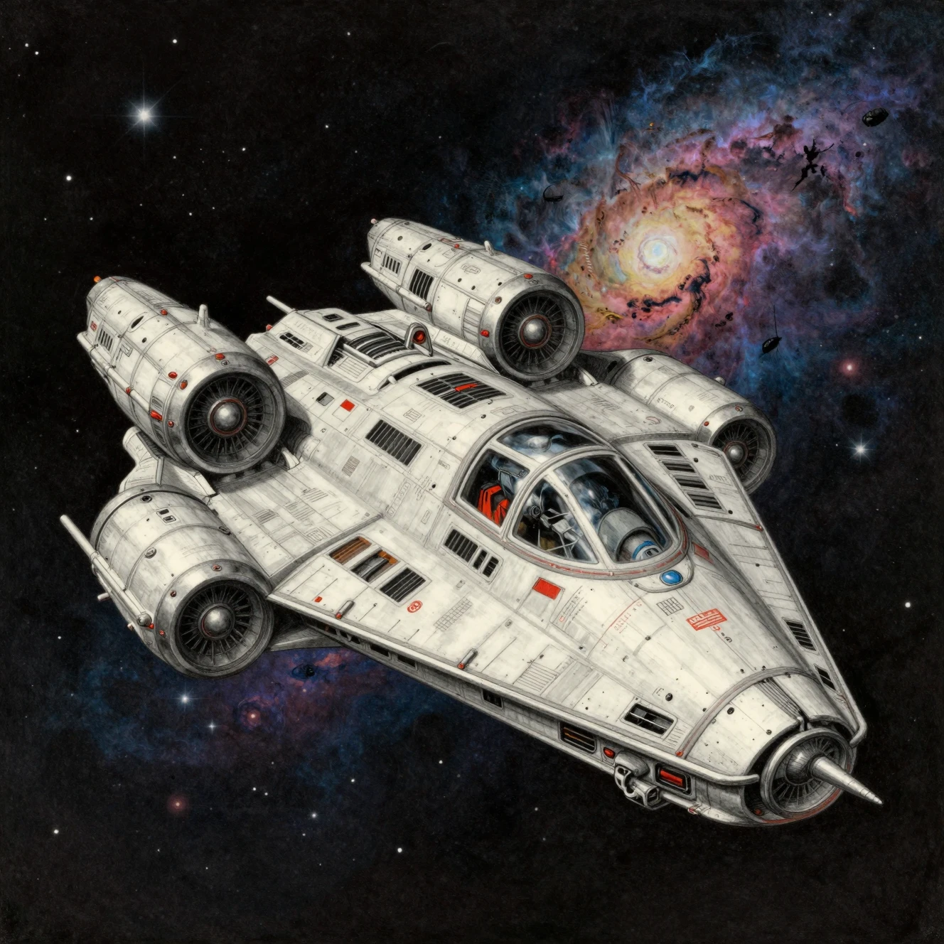 Vintage drawing of a futuristic spaceship in colorful space
