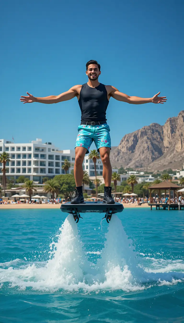 Man flyboarding above turquoise sea at beach resort