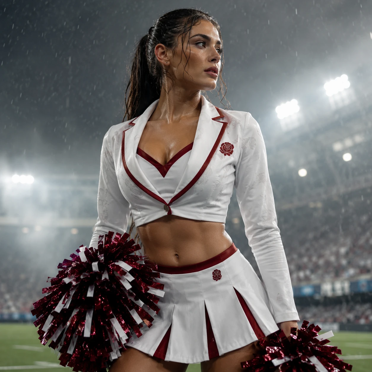 Cheerleader In White And Red Uniform Under Stadium Lights