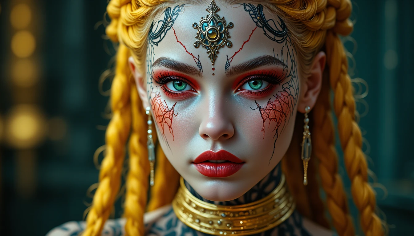 Futuristic fantasy woman with braids and cracked red face paint
