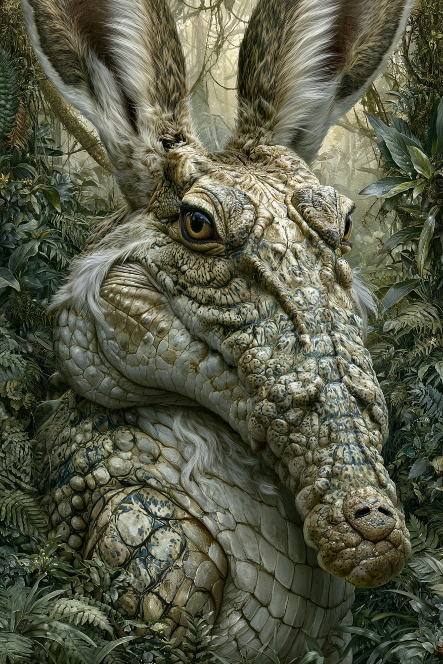 Hybrid crocodile hare creature in lush rainforest scene