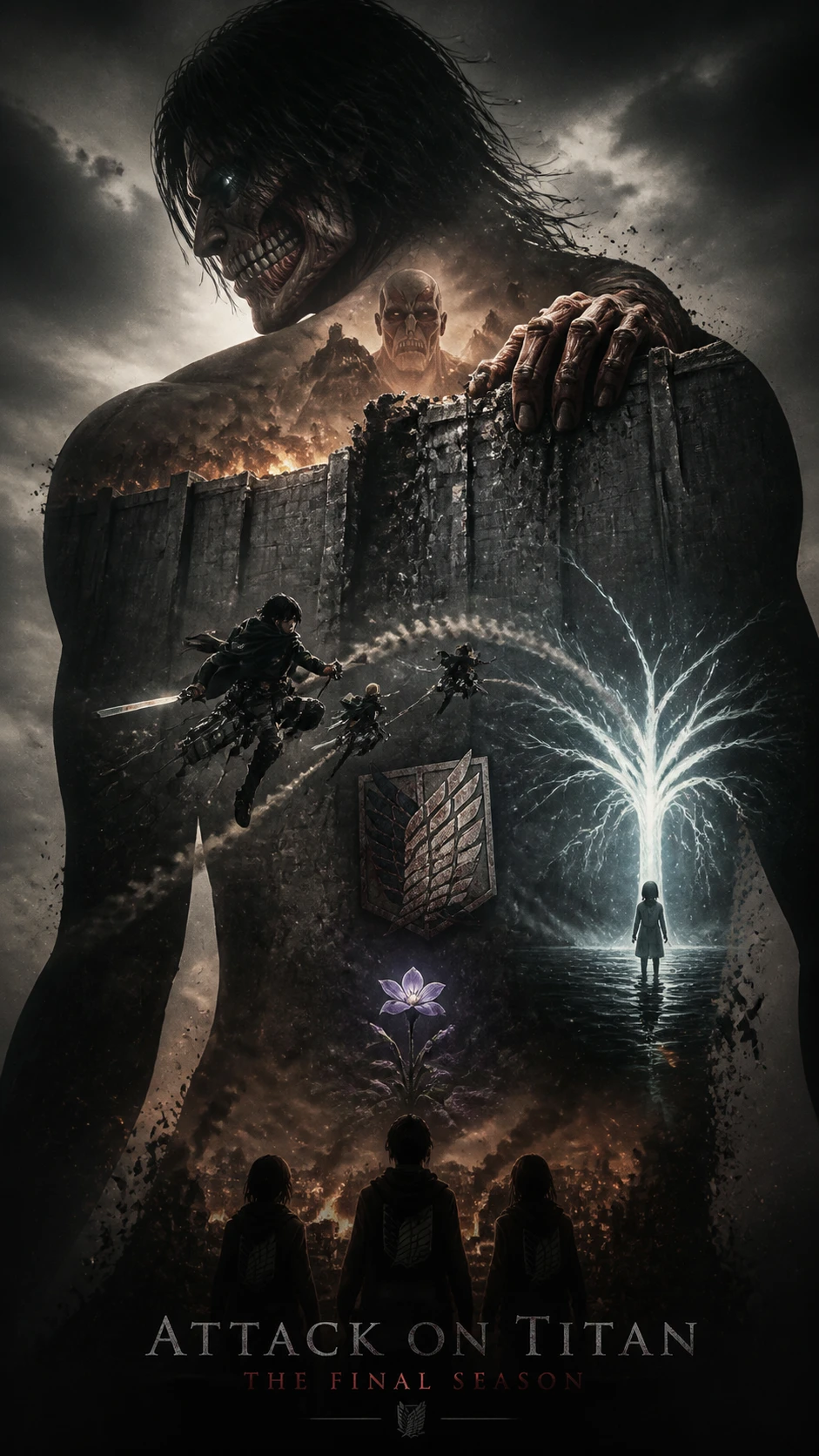 Colossal titan silhouette towering over a burning walled city