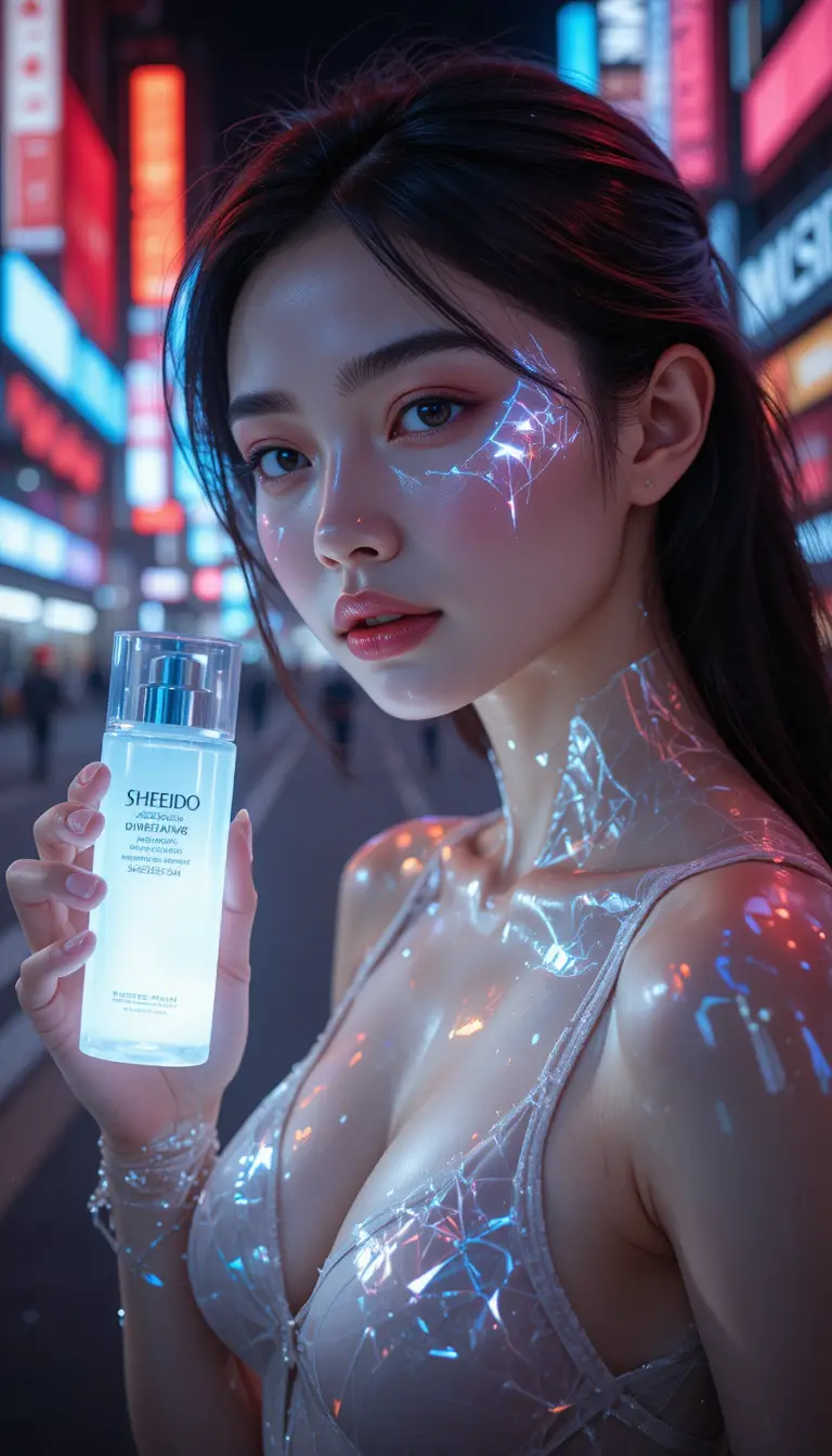 Futuristic Asian model with luminous skincare in neon city