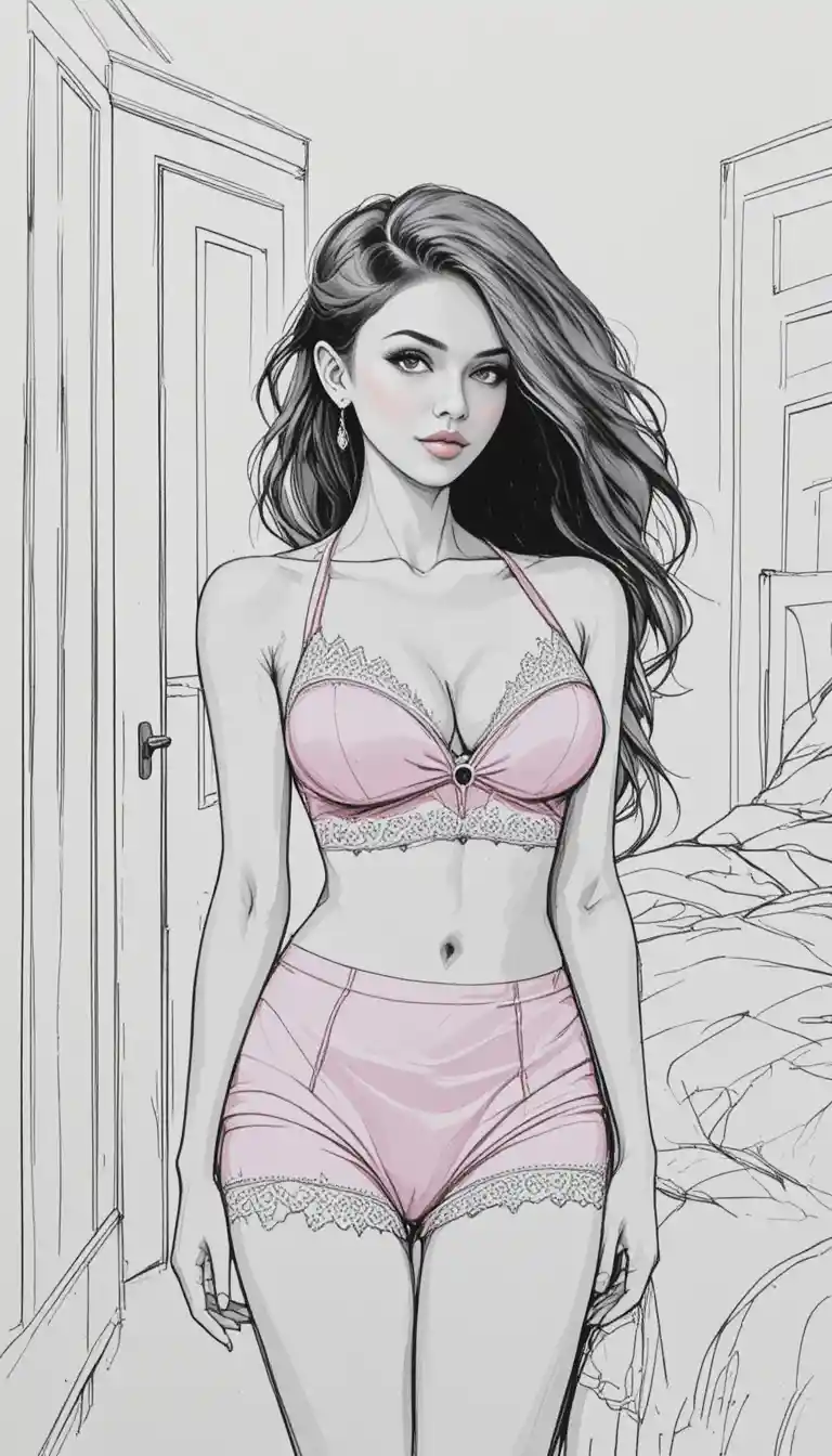 Young woman in pink lingerie relaxing in modern bedroom