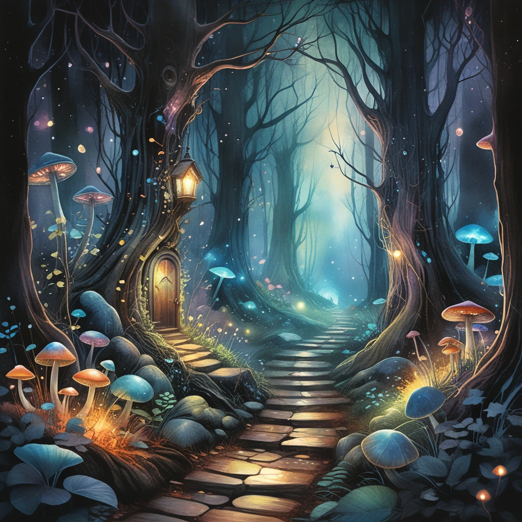 Enchanted forest path glowing with fireflies and mist