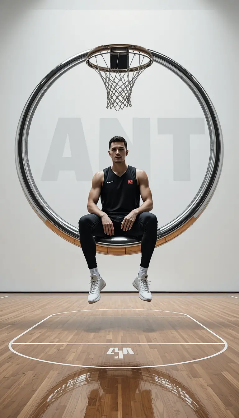 Basketballstar auf einem skulpturalen Thron aus Chrom-Basketballring