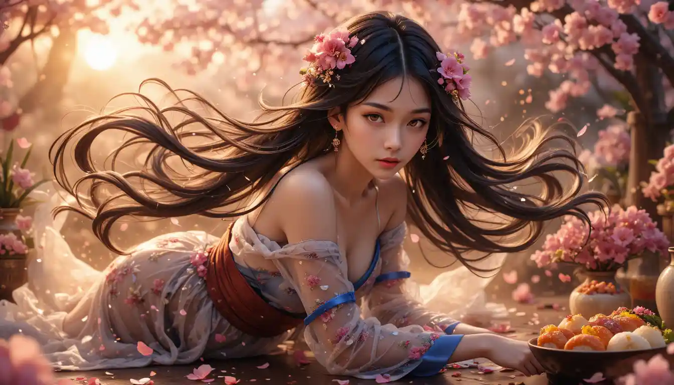 Anime woman with flowing hair in glowing spring garden