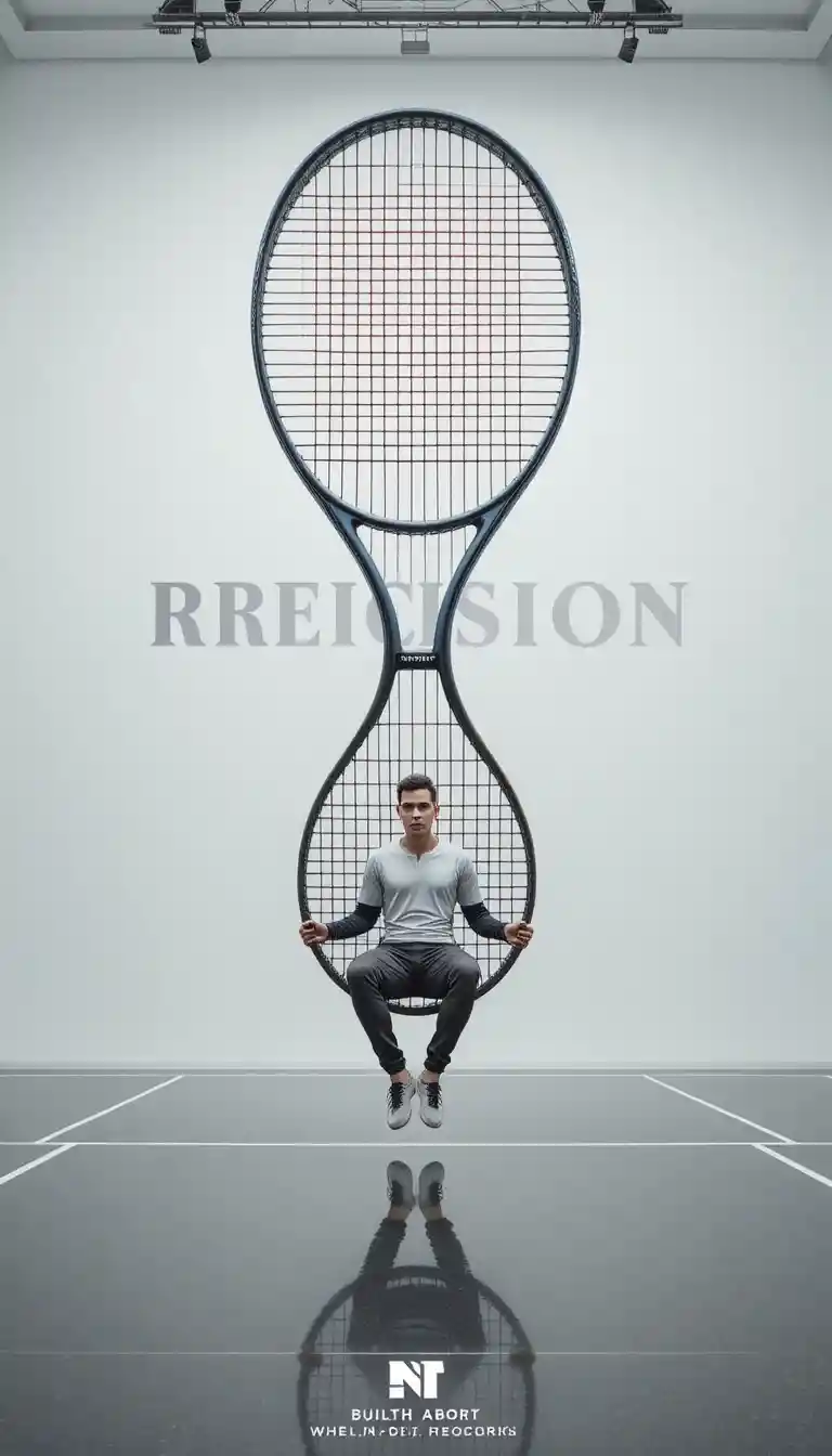 Athlete Relaxing On Giant Tennis Racket In White Studio