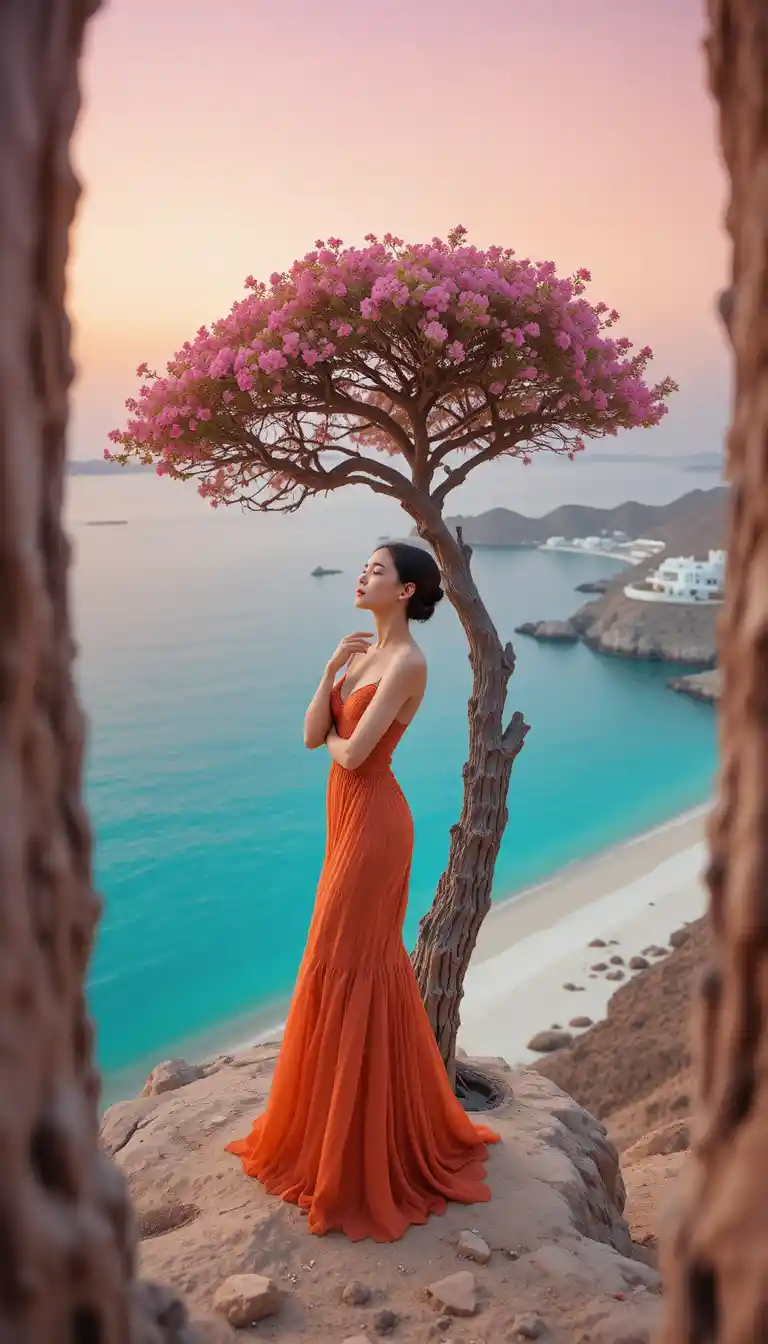 Girl in a fashion pose beside a lone tree on cliff