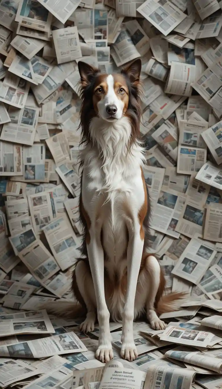 Elegant Russian Borzoi Posed Among Scattered Newspapers