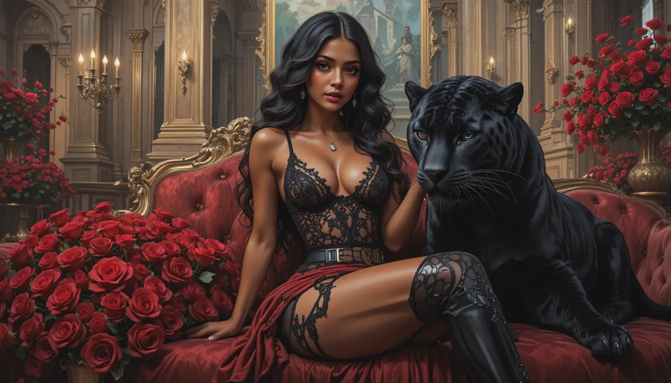 Dark skinned woman in lace lingerie with black panther