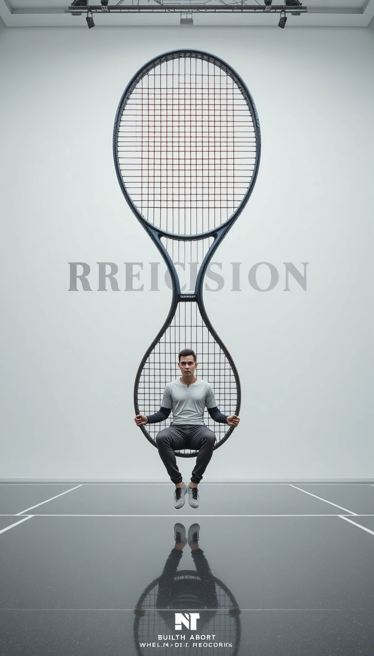 Athlete Relaxing On Giant Tennis Racket In White Studio