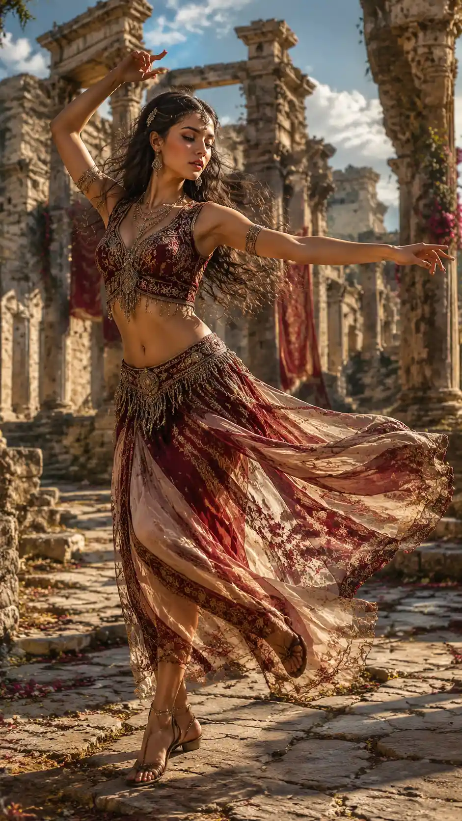 Young Turkish woman dancing before ancient Roman ruins