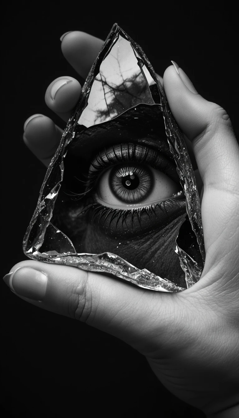 Dreieckige Glasscherbe, die ein einzelnes menschliches Auge reflektiert