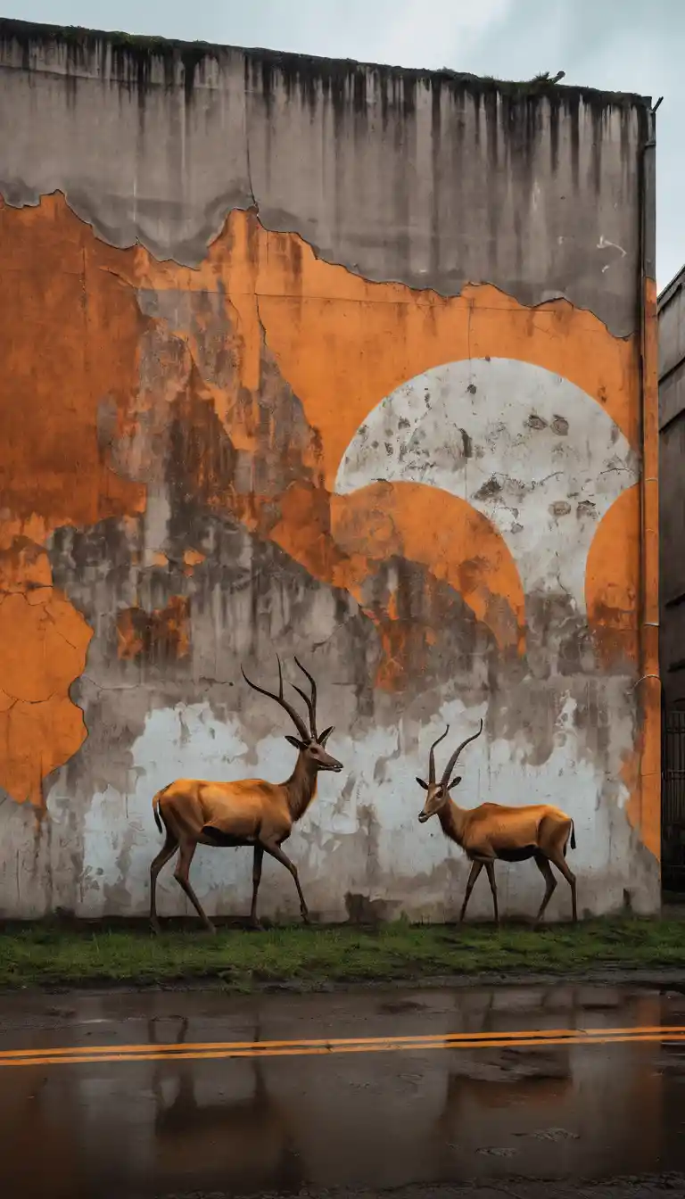 Ancient rock art mural on a decaying concrete factory wall
