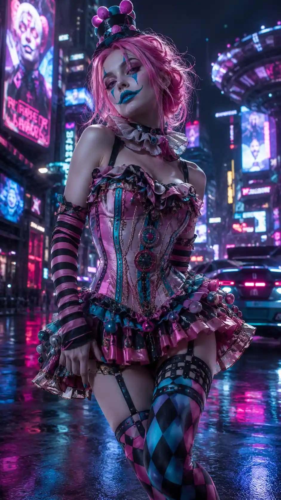 Pink haired cyberpunk woman posing on neon city street