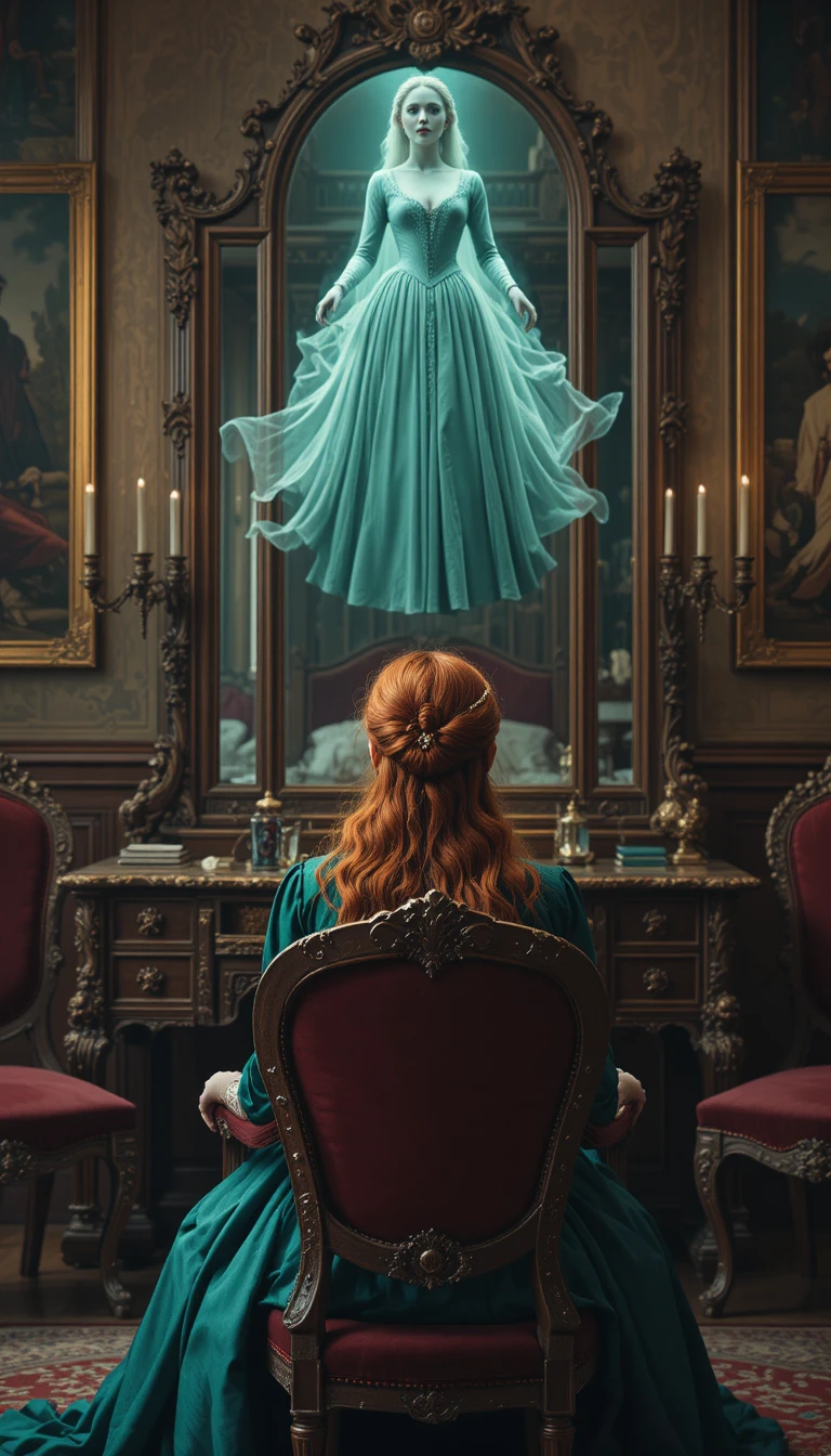 Terrified young woman in green gown before a haunted mirror
