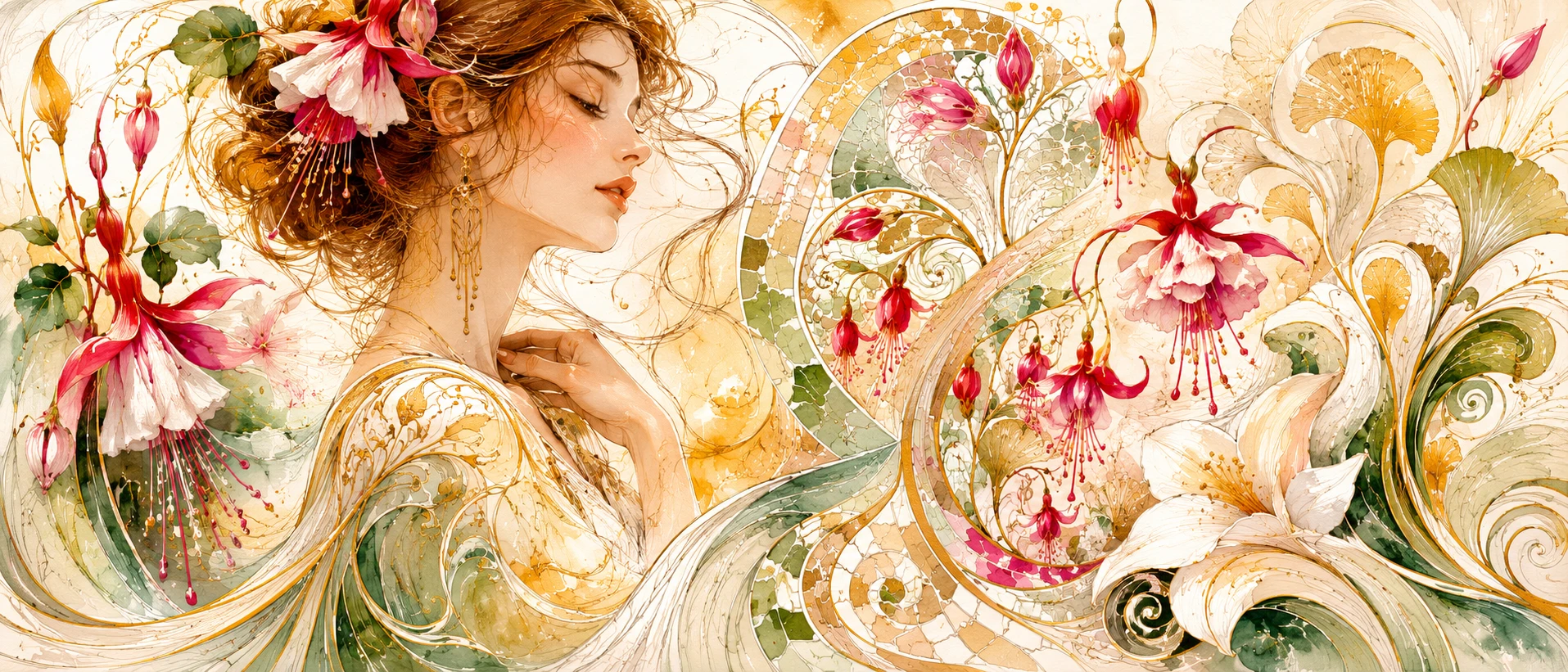 Art nouveau mosaic moodboard with floral motifs and lady