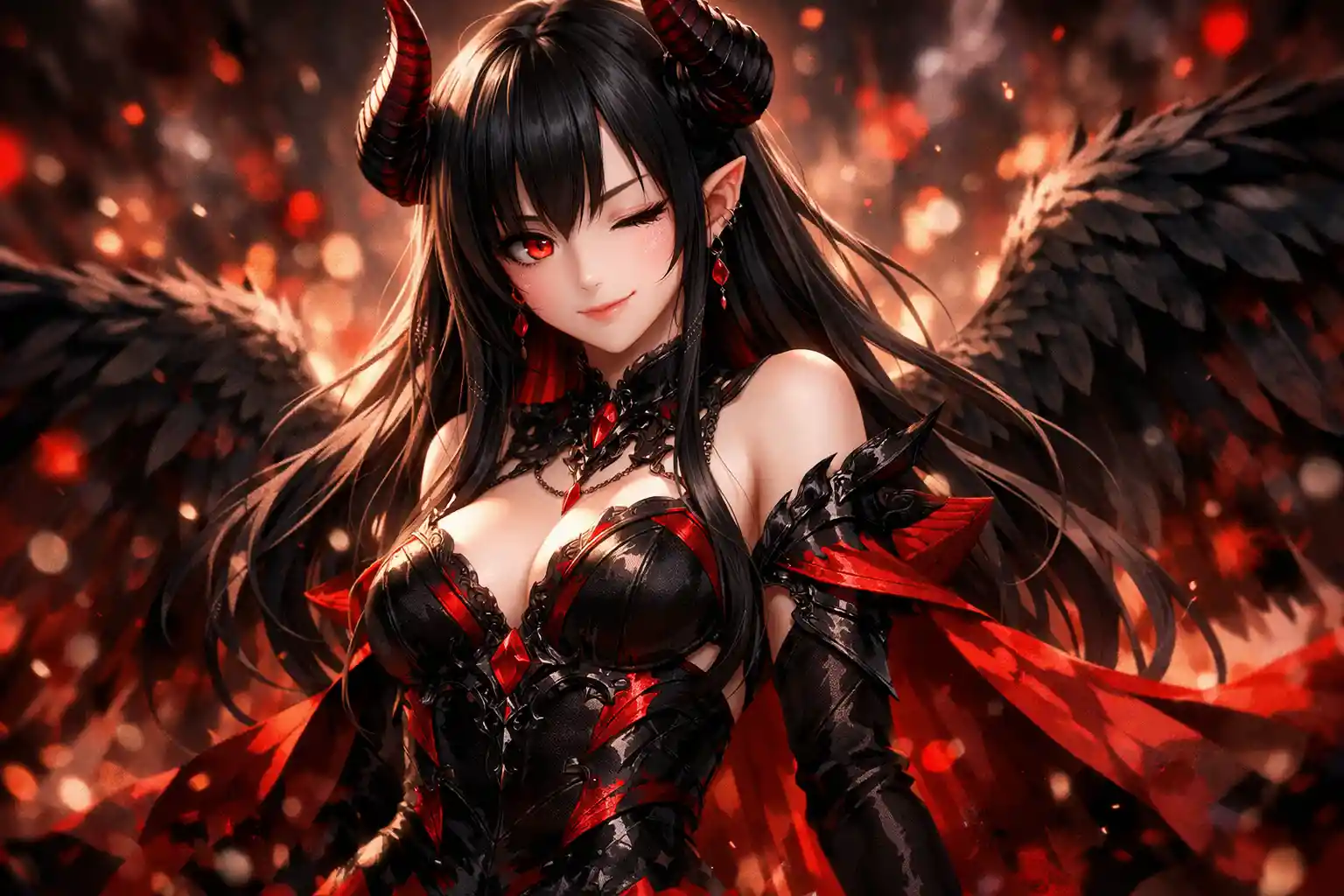 Demon lord daughter with horns and black feathered wings