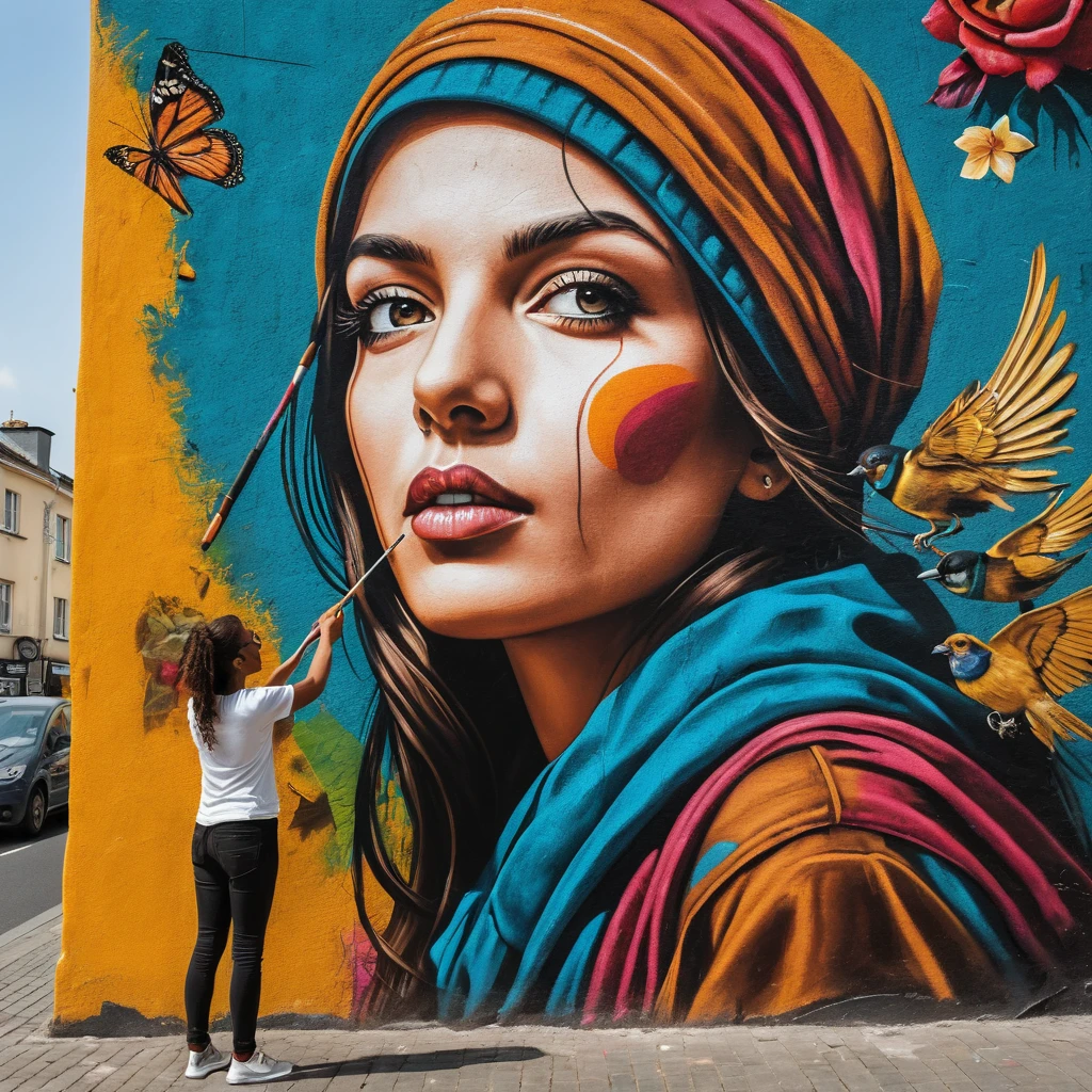 Female street artist painting colorful wall art in daylight
