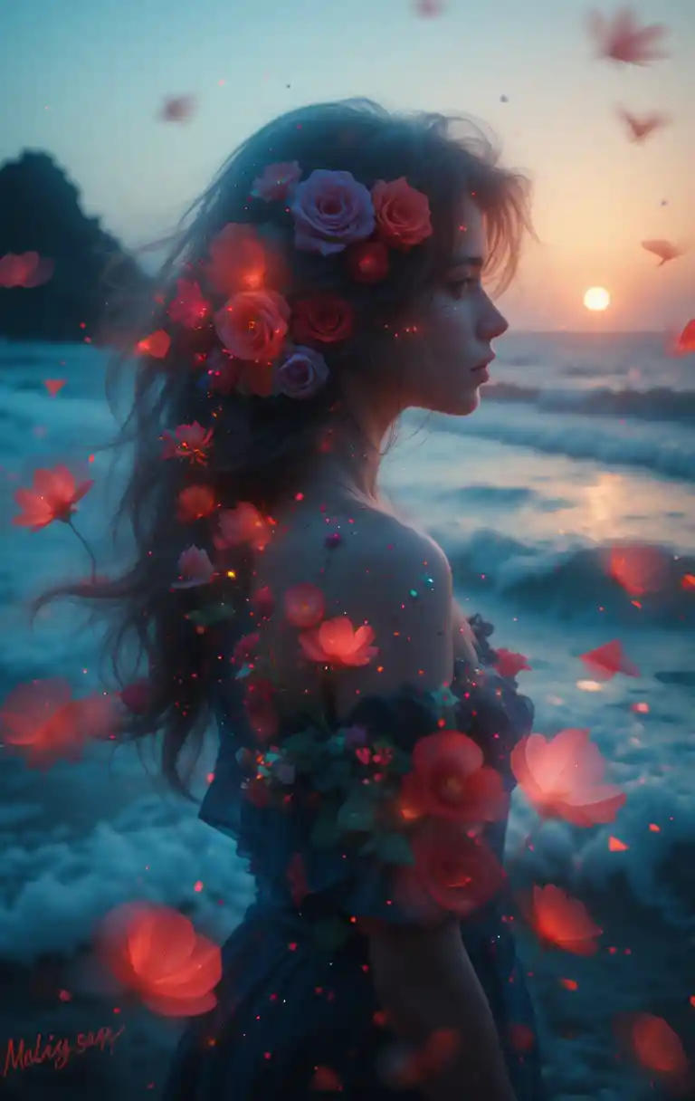 Romantic digital profile portrait of a woman in soft silhouette