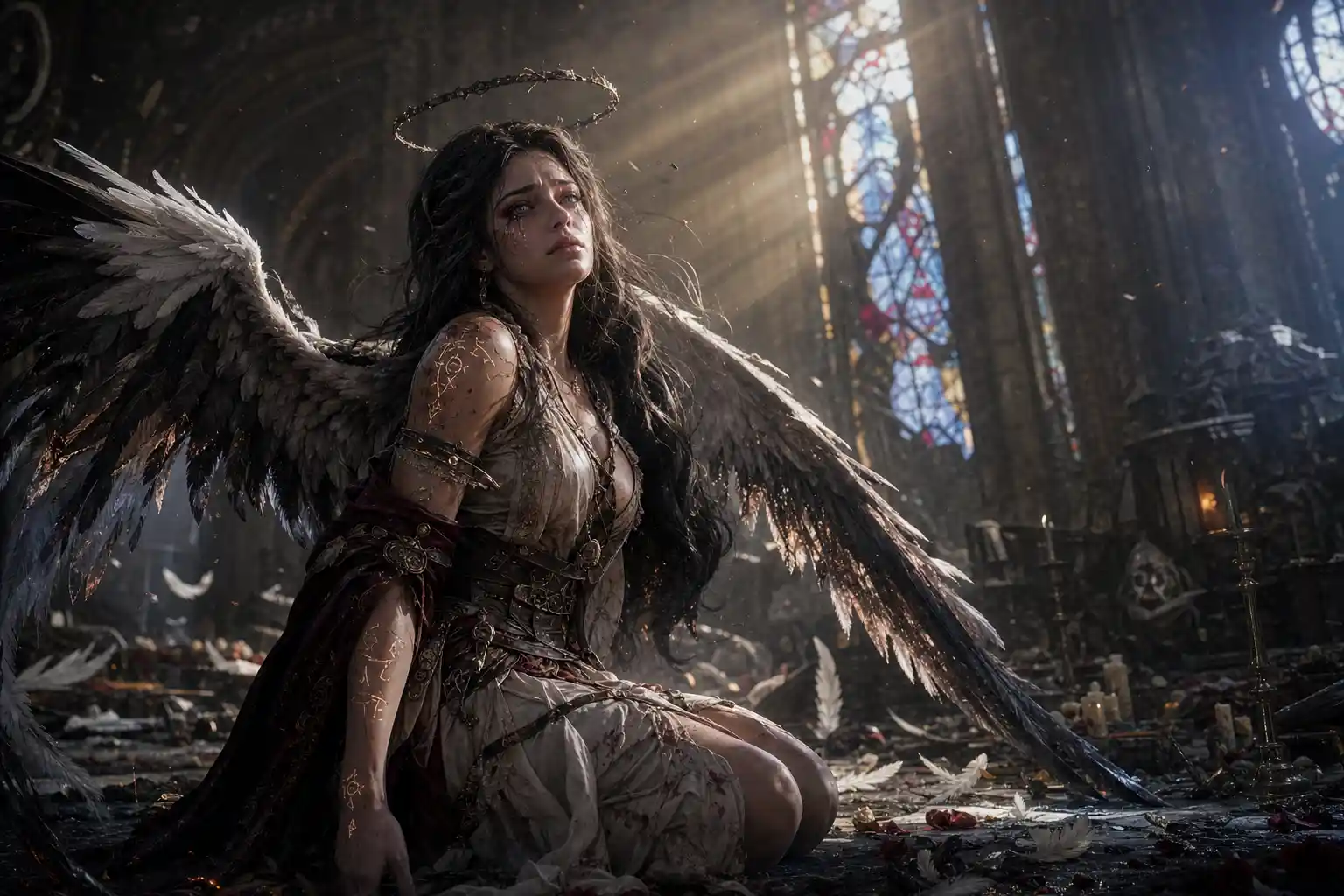 Fallen angel woman kneeling in a ruined twilight cathedral