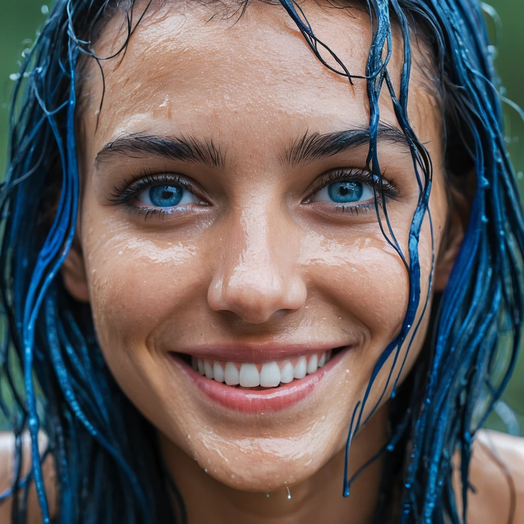 Close up portrait of a beautiful woman with wet blue hair