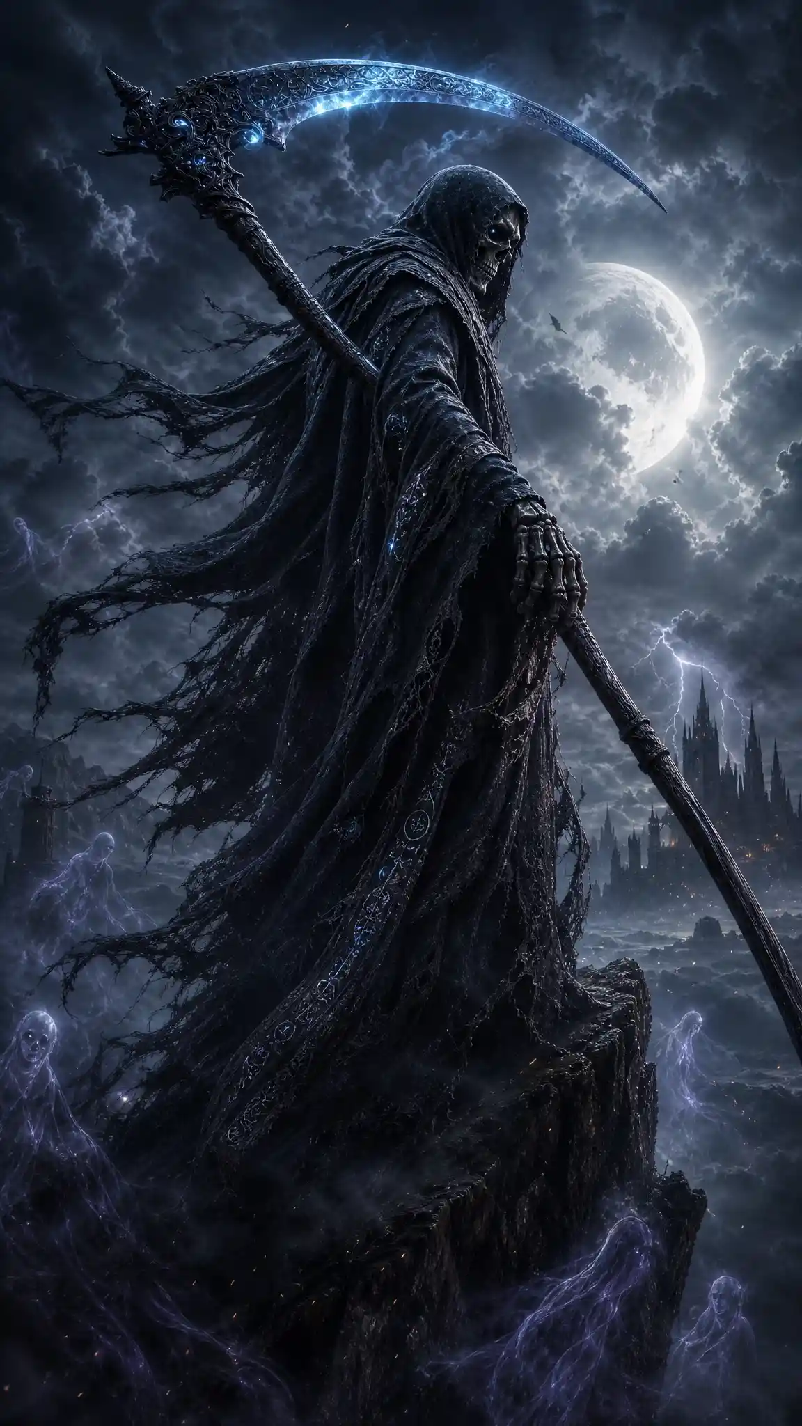Grim Reaper on a stormy cliff in moonlit fantasy scene