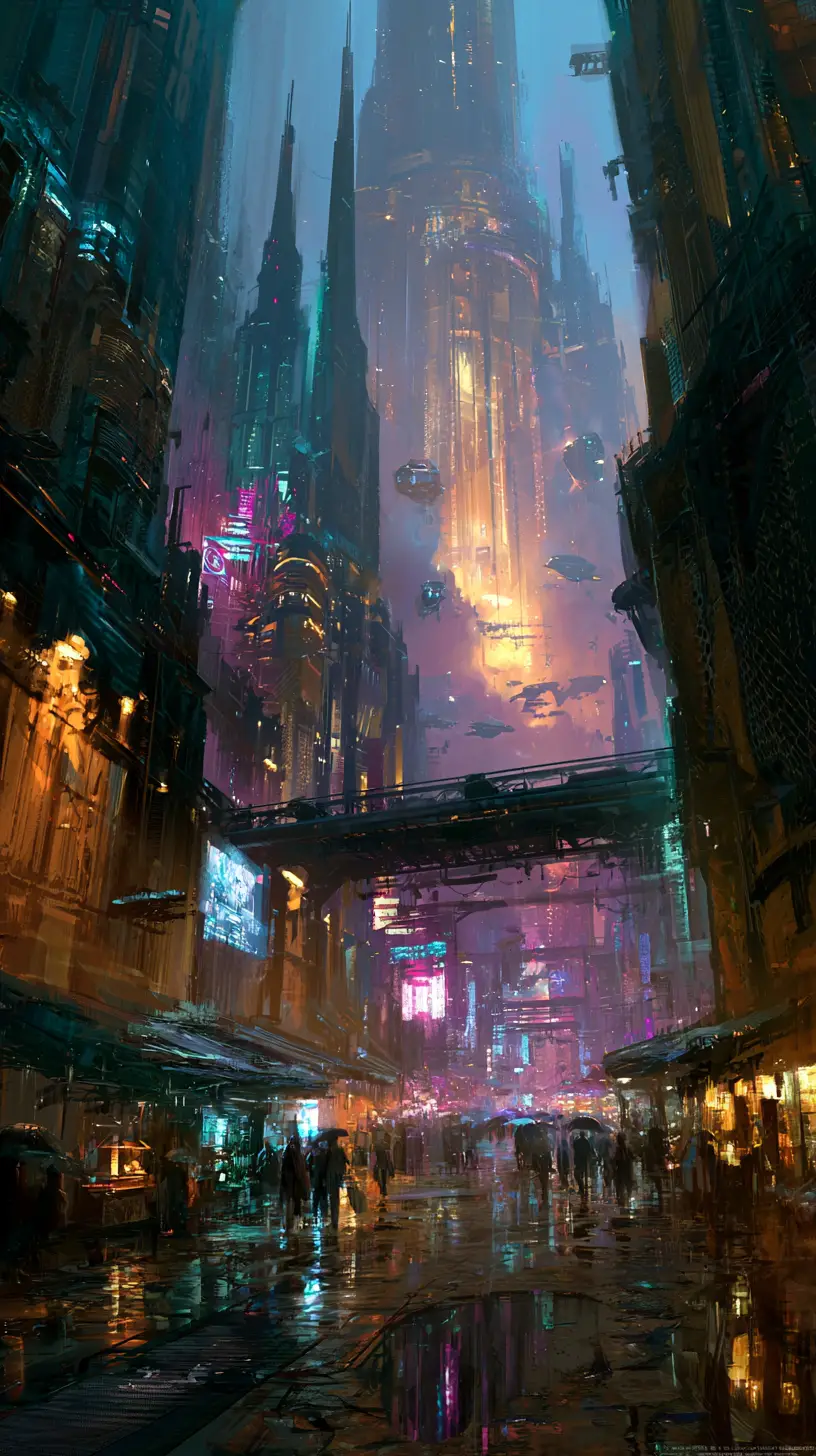 Futuristic neon city street with towering skyscrapers