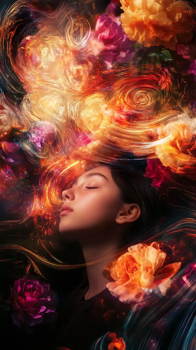 Young girl framed by vivid blooming petals and light