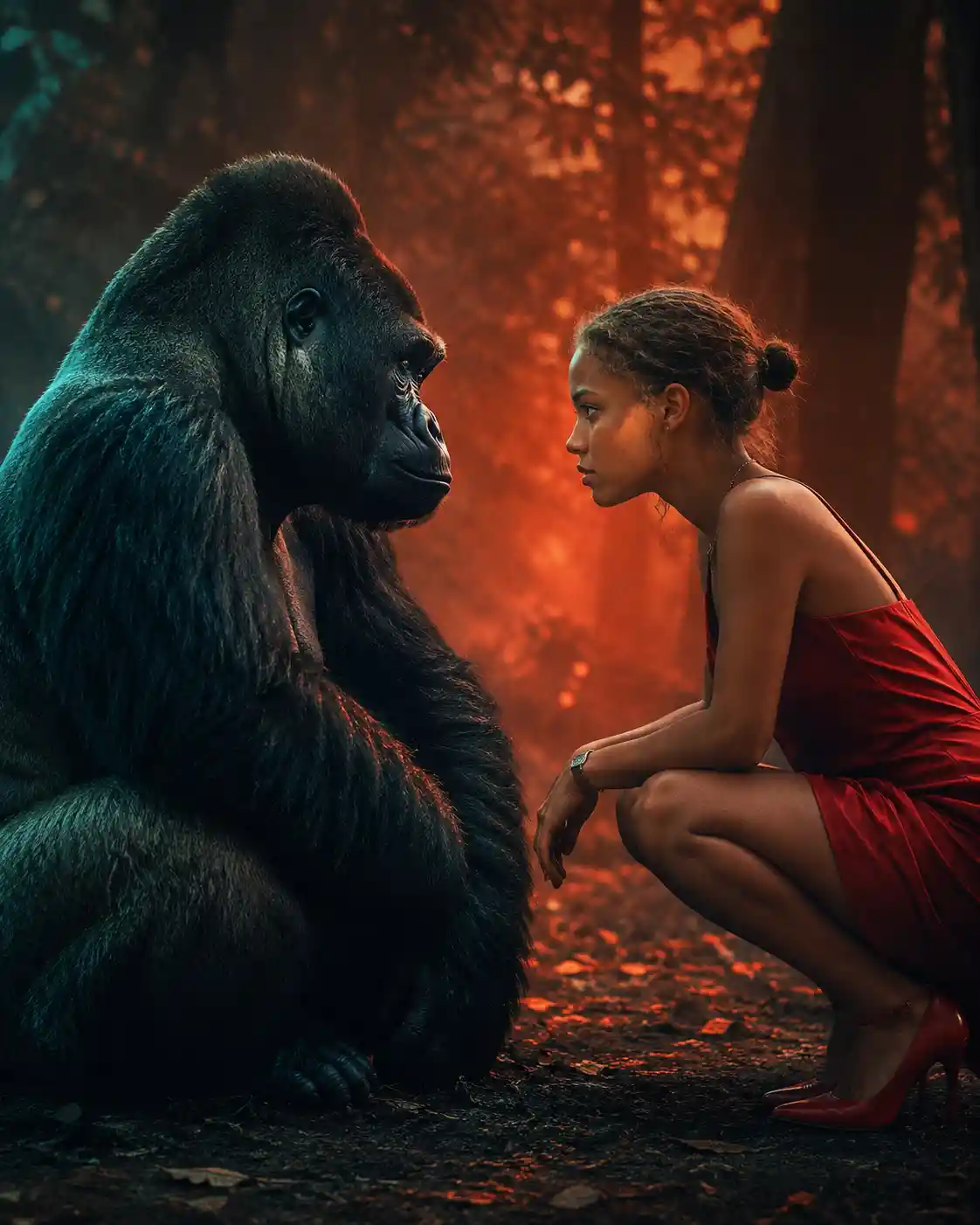 Cinematic forest encounter between gorilla and woman in red