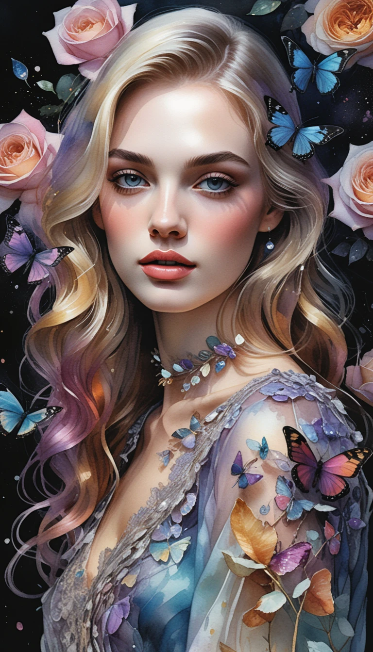 Watercolor portrait of a young woman with floral details