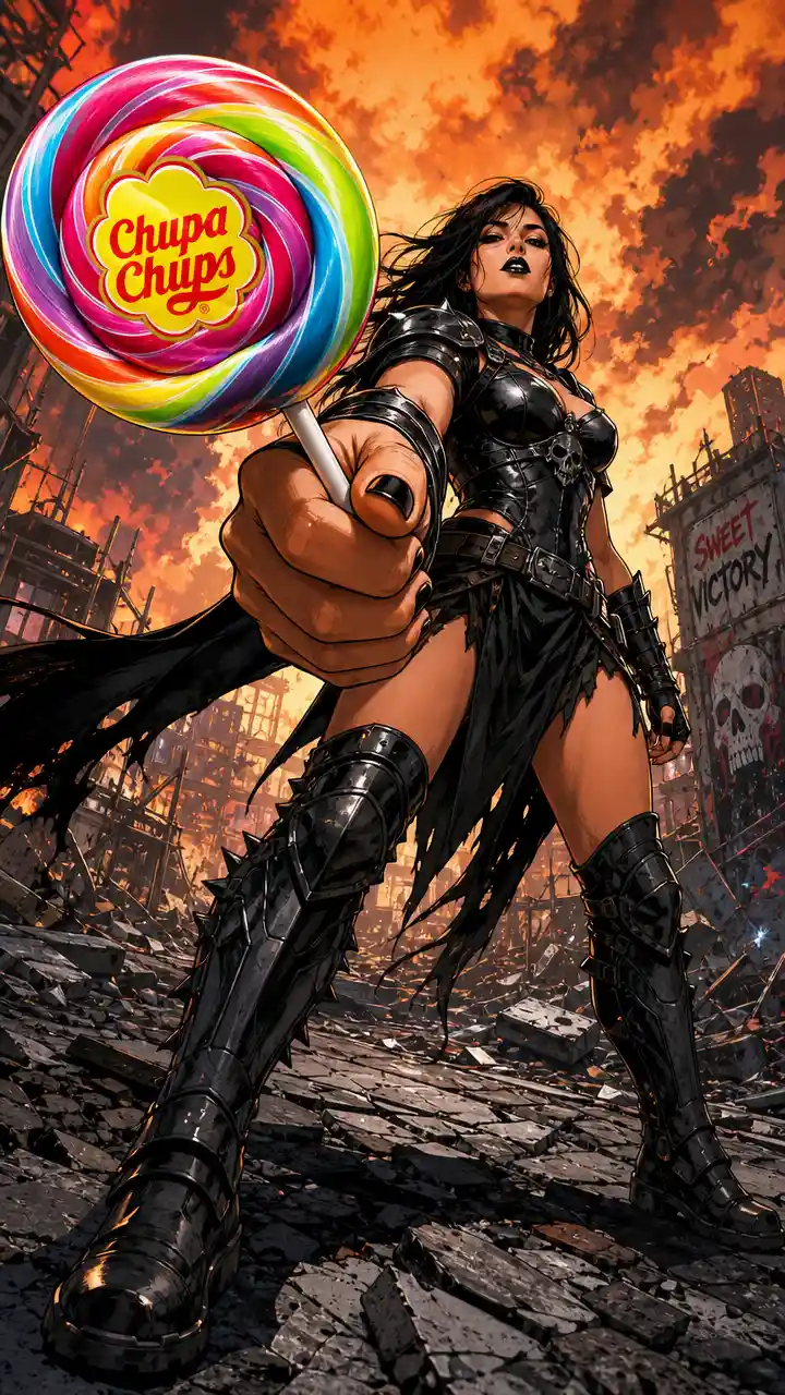 Confident female warrior with lollipop in apocalyptic wasteland