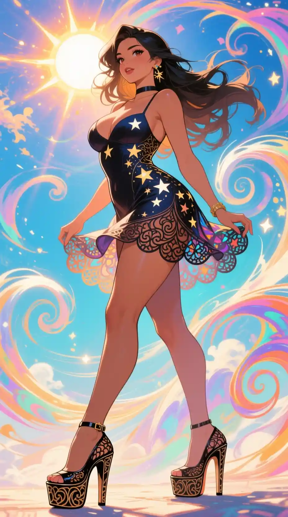 Busty Anime Latina Woman In Short Dress With Swirling Sky