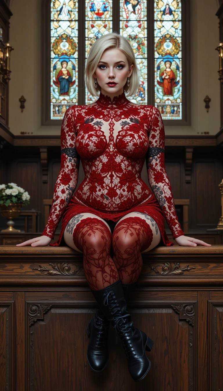 Gothic blonde woman on church altar before stained glass