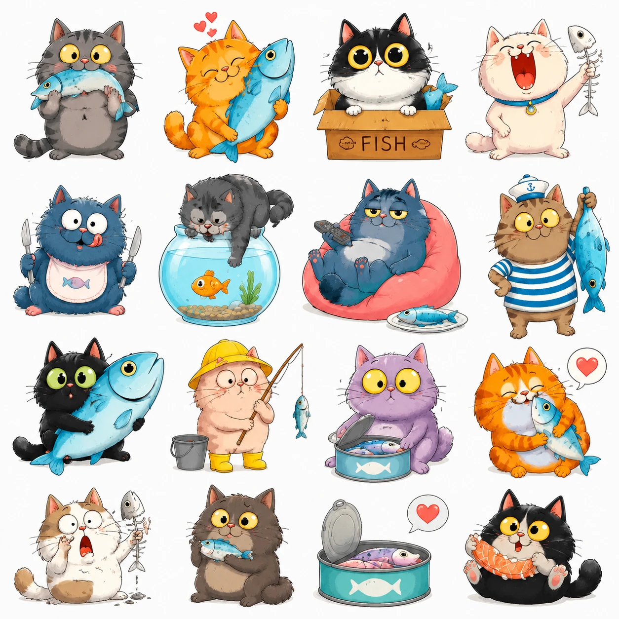Cartoon cats arranged in multiple rows of simple illustrations