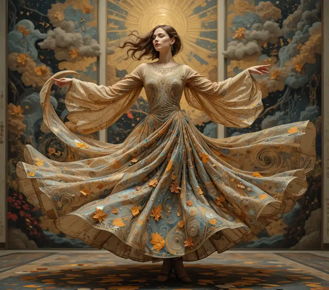 Dancing woman mid twirl with swirling abstract sleeves