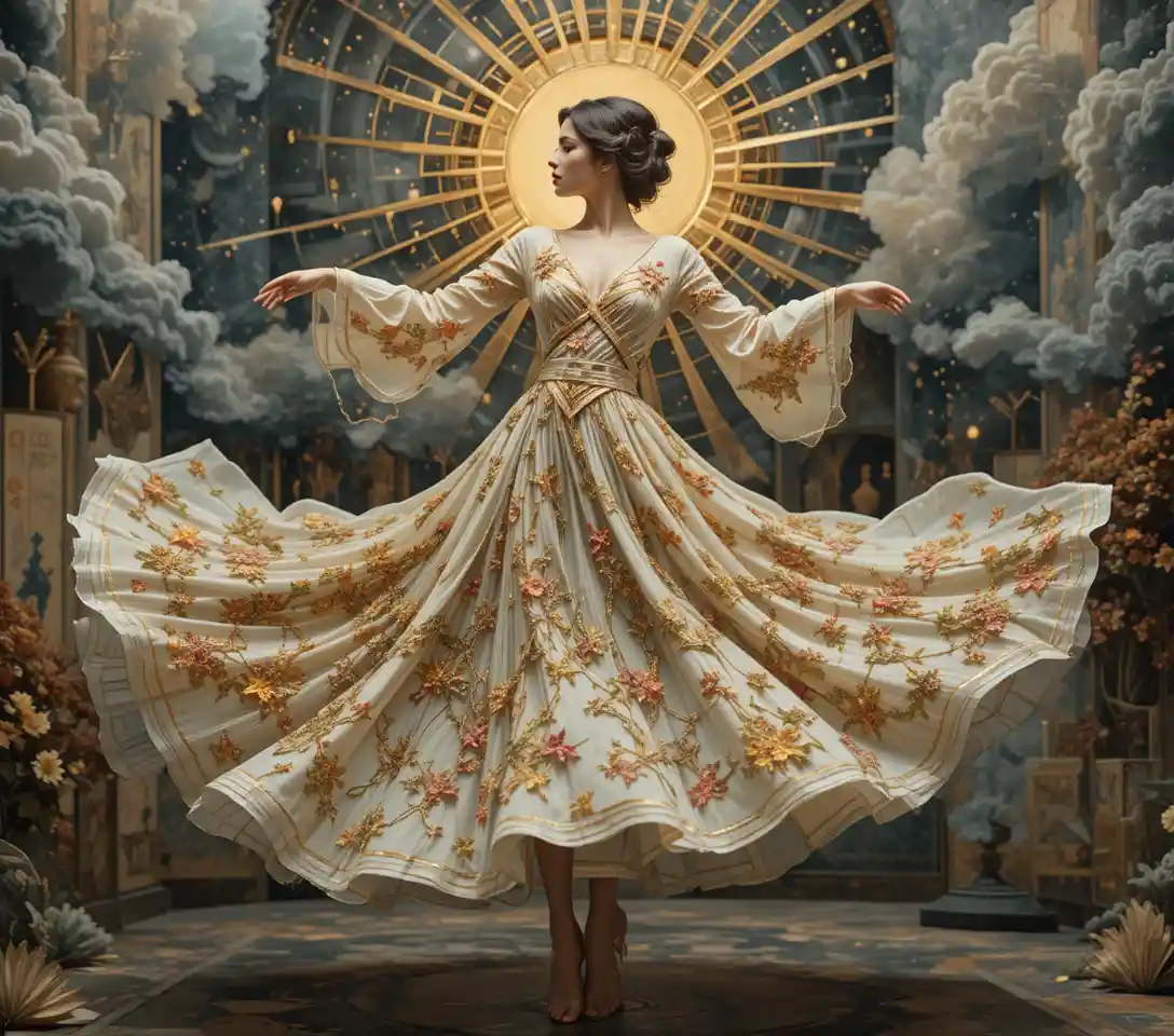 Dancing woman mid twirl with flowing spiral sleeves
