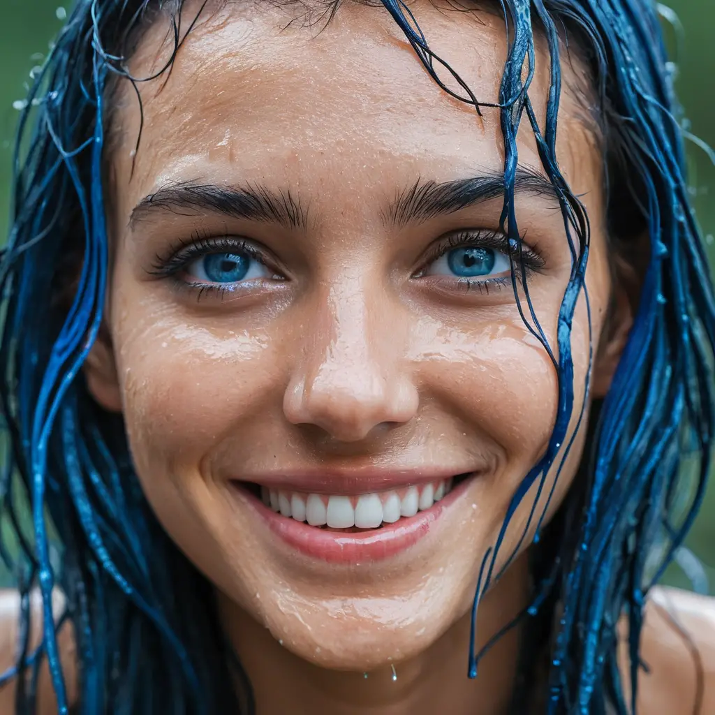 Retrato em close de uma mulher bonita com cabelo azul molhado