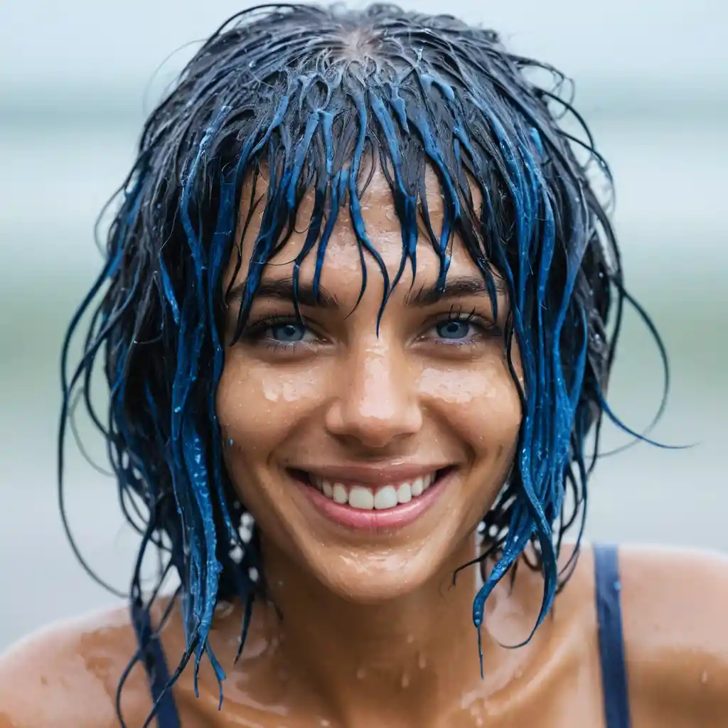 Close up of a woman with blue wet hair smiling