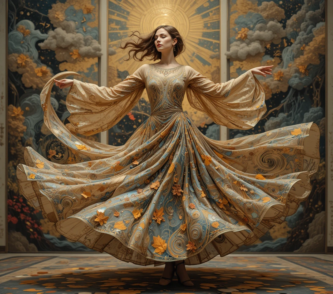 Dancing woman mid twirl with swirling abstract sleeves
