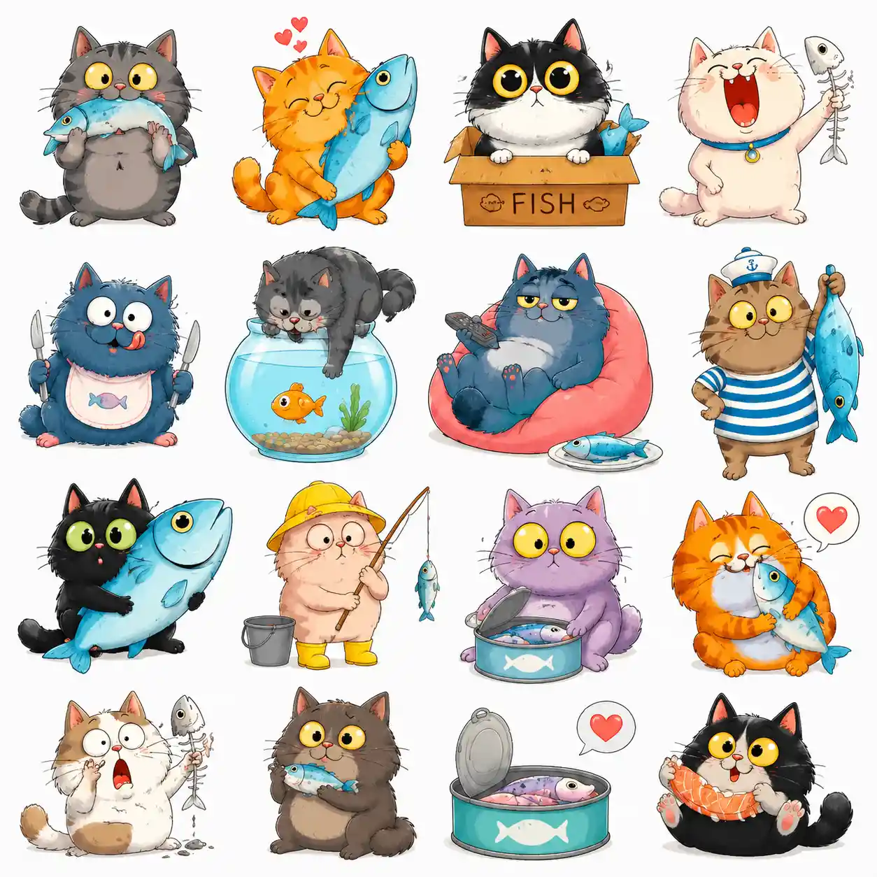 Cartoon cats arranged in multiple rows of simple illustrations