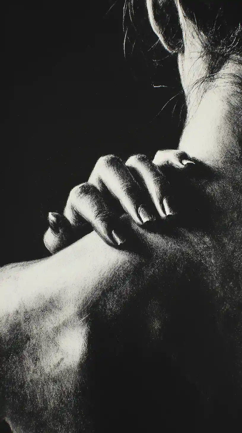 Charcoal close up of clawed hand on bare female back