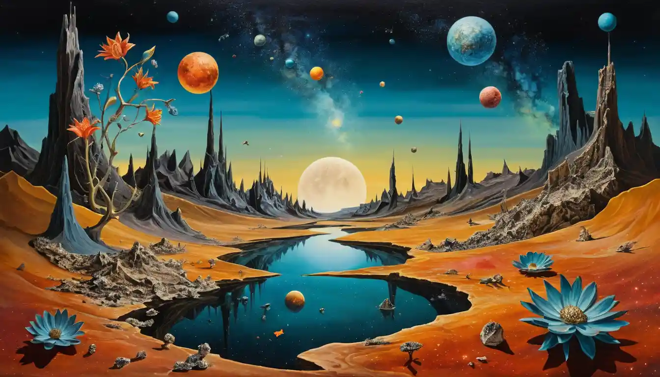 Surreal planets cracked open with lush cosmic flower gardens