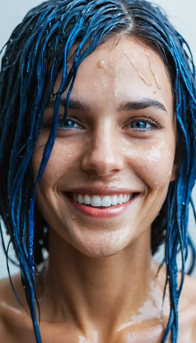 Close up of a beautiful girl with wet blue hair