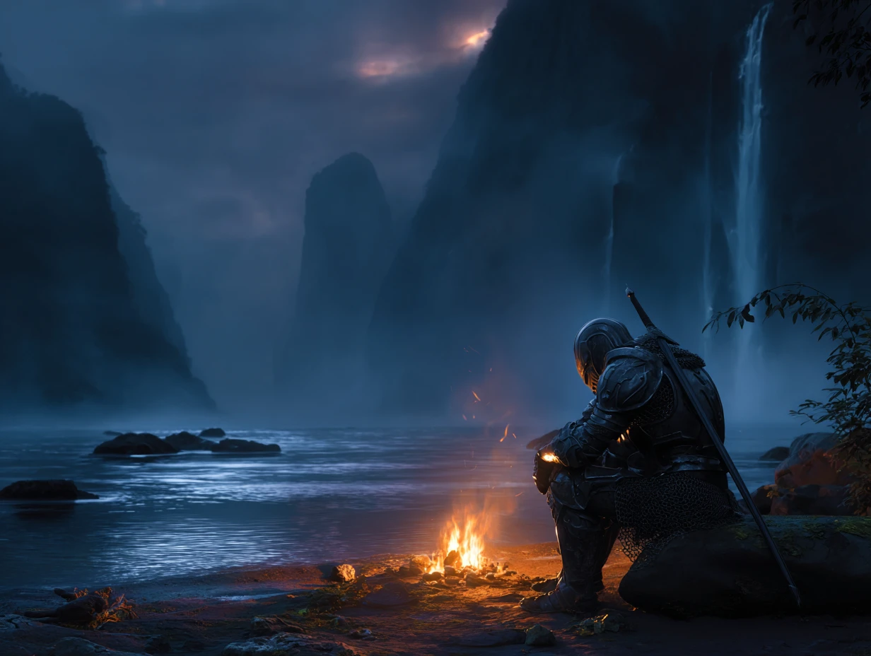 Lone knight by campfire in a moonlit fantasy valley